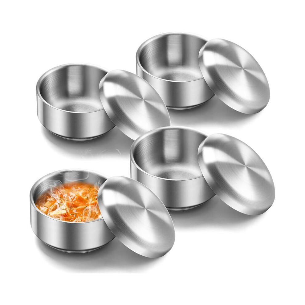 Saudism 4Pc 12 Oz Stainless Steel Korean Soup Rice Bowl With Lid For Cereal Kitchen Restaurant Double-Walled Anti Scalding Bowls