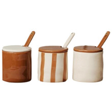 Vintage Ceramic Stripe Seasoning Jar with Spoon Meter Kitchen Supplies Exquisite Storage Box Chili Spice Food 3pcs