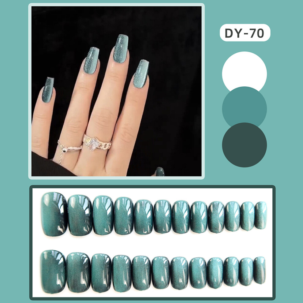 Zhouq-Outdoors (Jelly Glue Model) Green Cat Eye Glossy Fake Nails, Square Tips