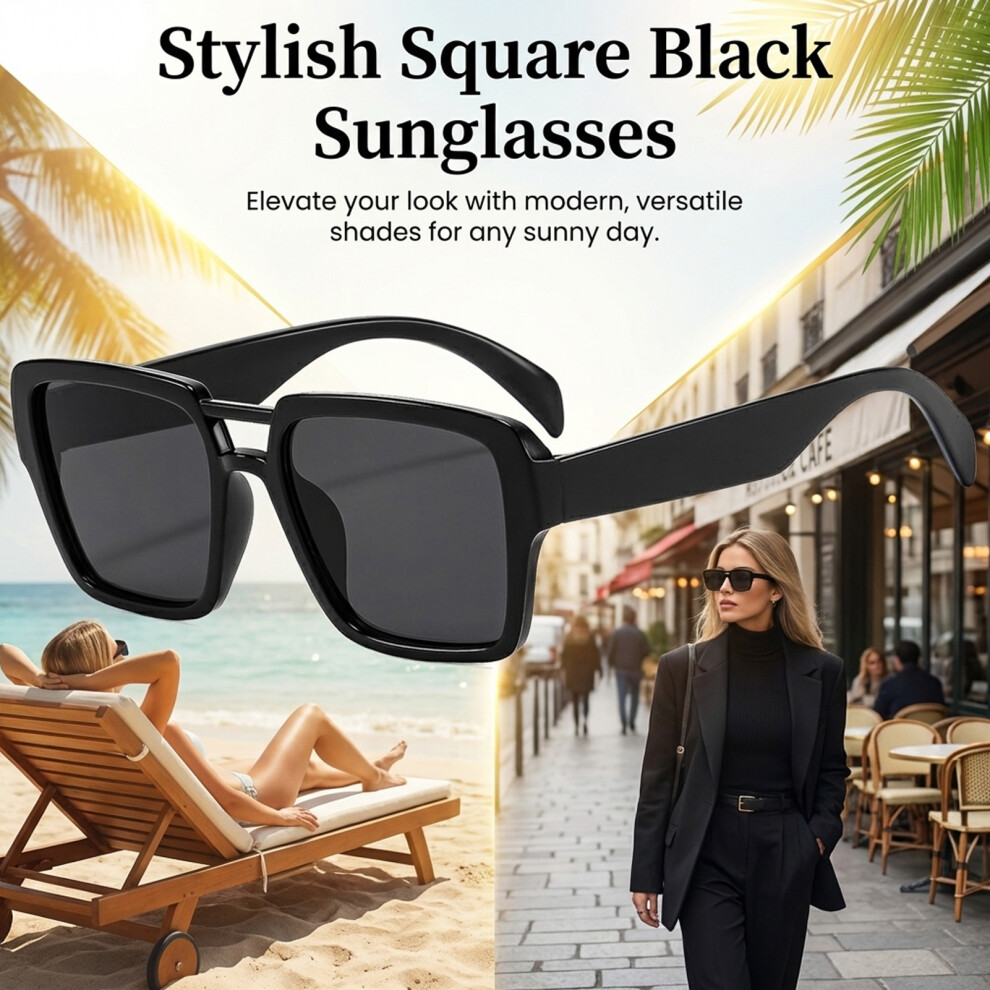 Hue-Grain (C1 Black Gray) Retro Square Sunglasses Uv Protect Double Bridge