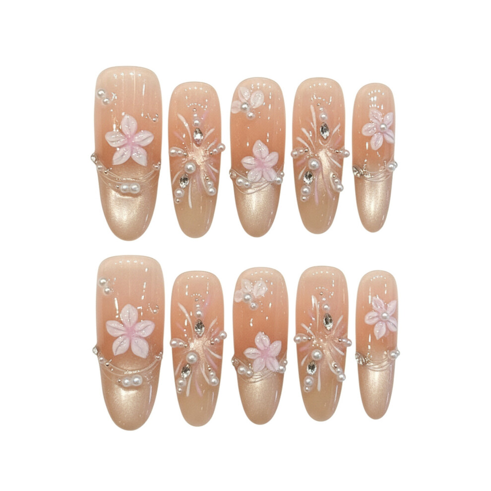Roc-Electron (Xs) Floral False Nails With Pearl & Rhinestone, 10Pcs