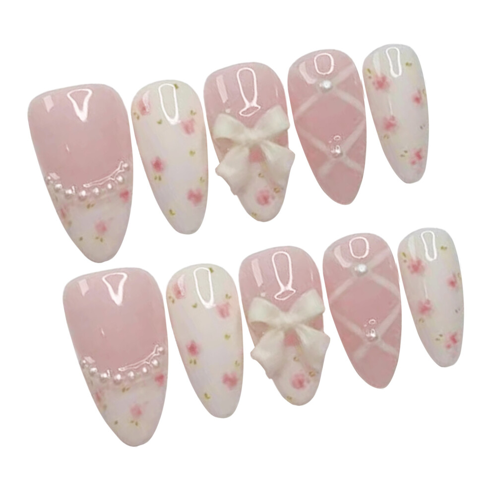 Reach-Tools Cream (L) Floral Almond Fake Nails - 10Pcs