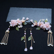 (Pink edge clip earrings) Hanfu Pink Flower Hair Comb Set