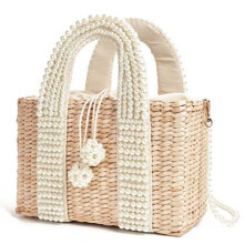 New Women's Bag with Pearl Ladies Tote Crossbody Handbags Handmade Straw Basket Messenger Bag for Vacation Banquet Life