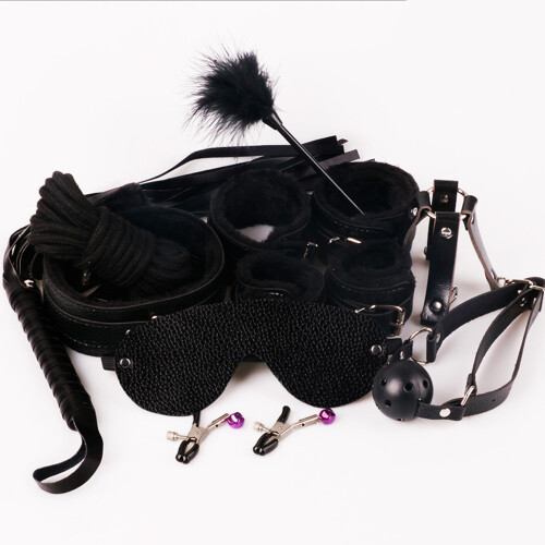 (Black) Bondage Set for Couples - Blindfold, Cuffs, Whip 2