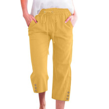 Women's cotton and linen casual straight wide-leg-Yellow M
