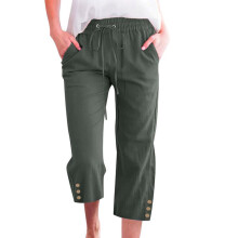 Women's cotton and linen casual straight wide-leg-Army Green S