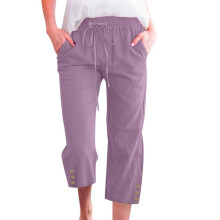Women's cotton and linen casual straight wide-leg-Purple M