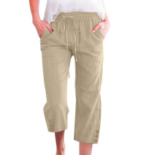 Women's cotton and linen casual straight wide-leg-Khaki XXXL