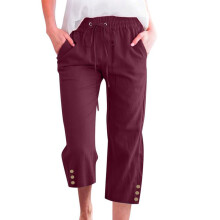 Women's cotton and linen casual straight wide-leg-Burgundy M