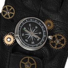 (Silver) Steampunk Leather Gloves with Gear Design - Unisex Biker Style