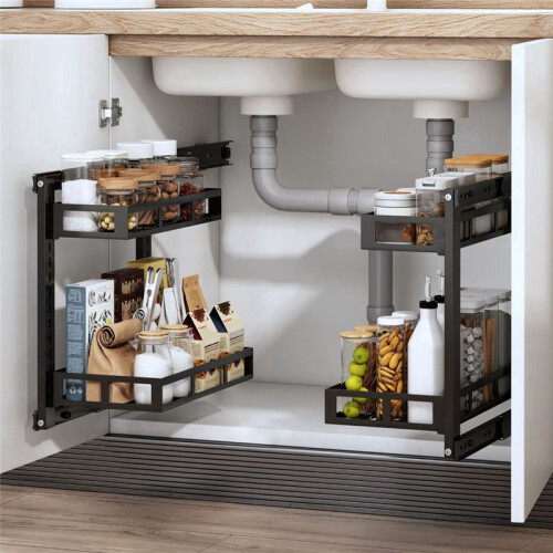 30CM Two-Tier Kitchen Sink Storage Rack with Pull-Out Baskets for Bathroom Organization 2