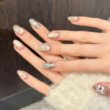 (XS) 10Pcs Gold Foil False Nails with Glitter for Wedding