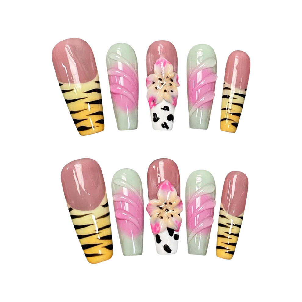 Creation-3C Pink (L) 10Pcs Long Fake Nails With Flower Decor