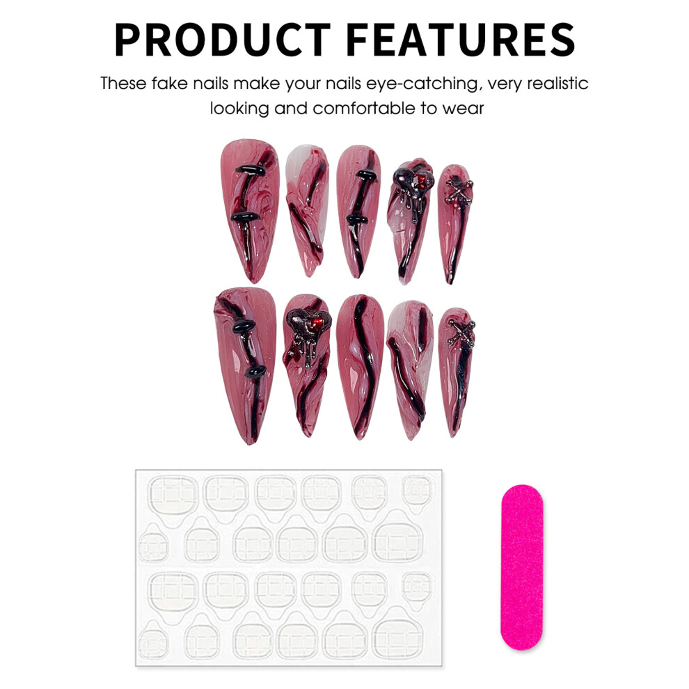 Creation-3C Red (L) Halloween Long Fake Nails - Lasting & Flexible