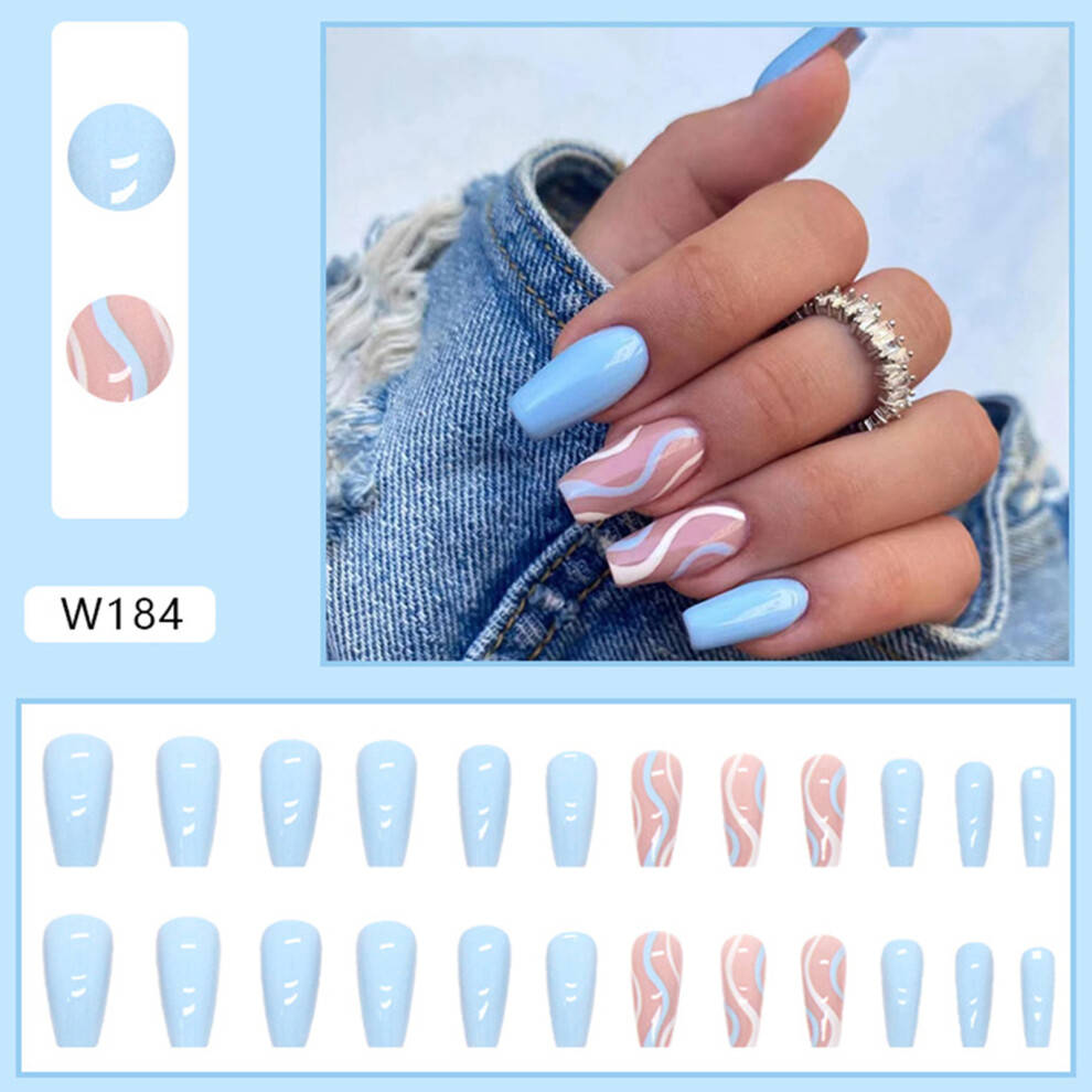 Creation-3C Blue,White (Standard) Blue & White Ripple Fake Nails For Women