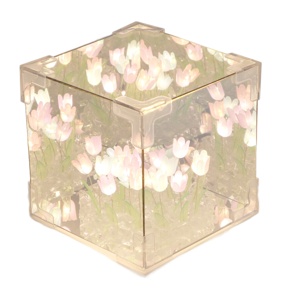 Colorful 10cm 2-in-1 Tulip Cube Mirror LED Night Light with Built-in Battery