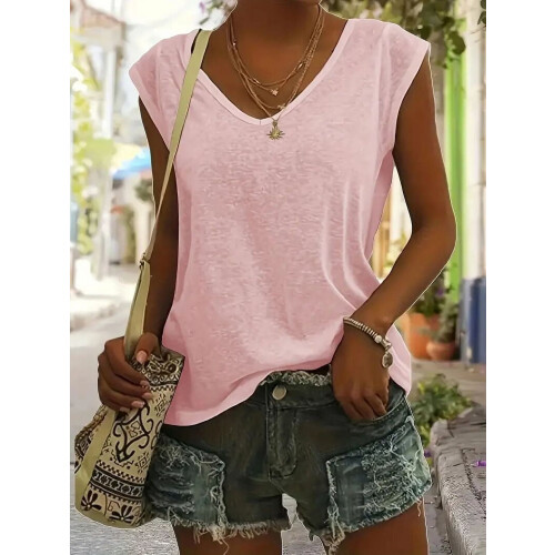 Confezione da 3 canotte da donna con maniche corte e scollo a V, magliette basic casual e comode per la primavera e l'estate. 2
