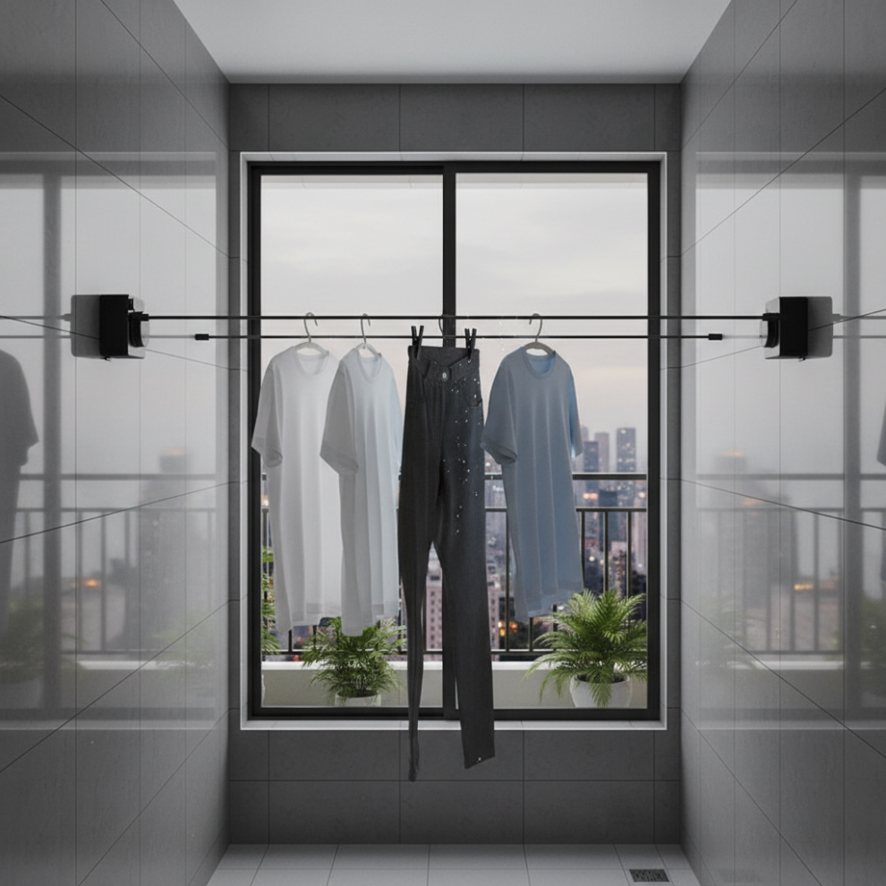 (Phantom Black Square) Space-Saving Retractable Clothesline - No Drill 6001832688538