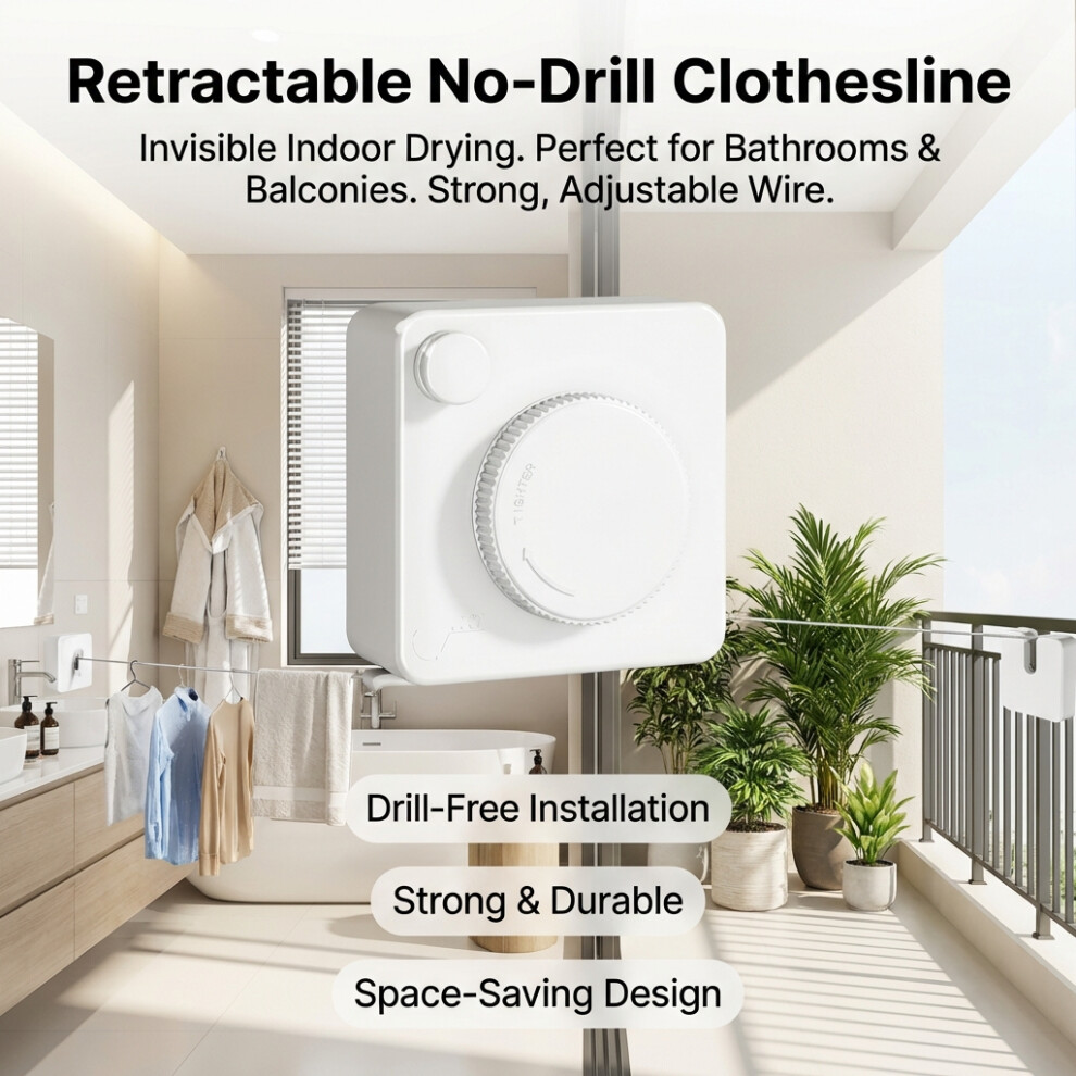 (Frosted White Square) Space-Saving Retractable Clothesline - No Drill Needed 6447105674080