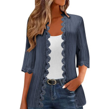 Langer Damen-Cardigan-Mantel mit 3/4-Ärmeln,-Marineblau XXL