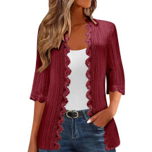 Langer Damen-Cardigan-Mantel mit 3/4-Ärmeln,-Burgund S