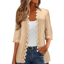 Langer Damen-Cardigan-Mantel mit 3/4-Ärmeln,-Khakigelb XXL