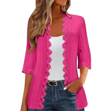 Langer Damen-Cardigan-Mantel mit 3/4-Ärmeln,-Rosenrot L