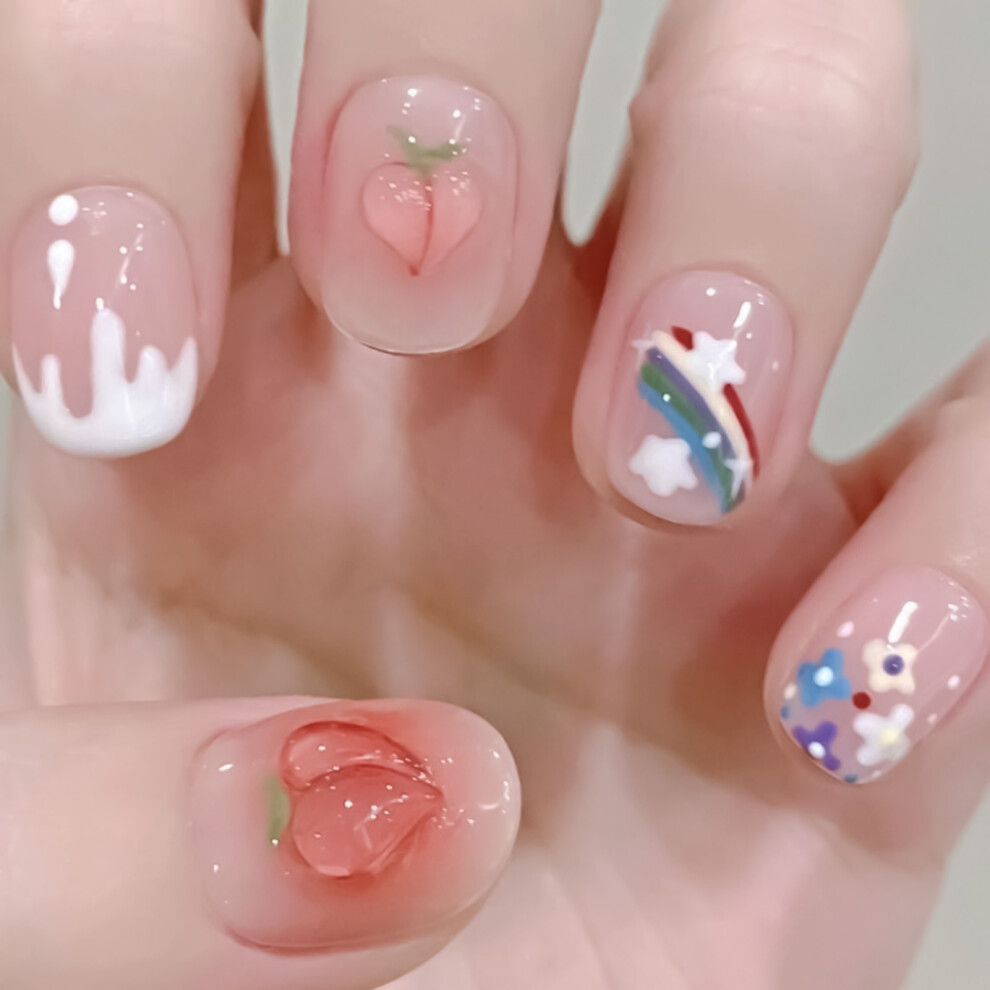 Bright-Home (Xs) Pink Short Fake Nails With Rainbow Printed Long Lasting Safe Material Waterproof False Nails For Fingernail Diy Decorati