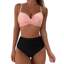 (Shrimp Powder And Black, S) Sexy Push-Up Bikini Set for Beach & Pool