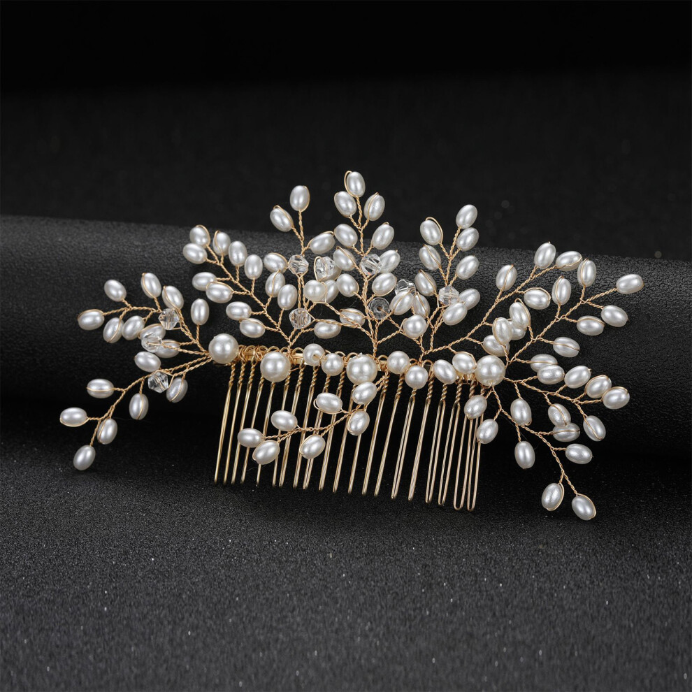 Hue-Grain Pearl Crystal Hair Comb, Non-Slip Handle, 50 Char