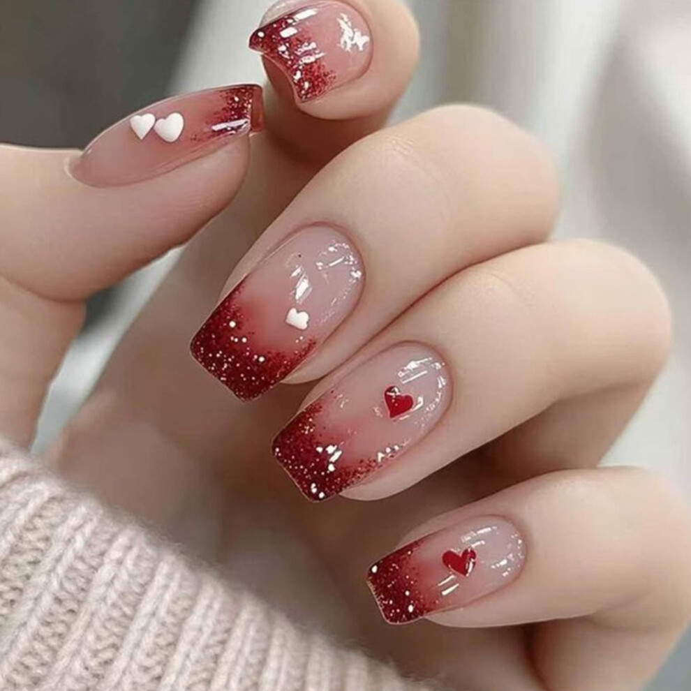 Dcph-Clothing Glitter Heart Fake Nails 24Pcs Party Wedding