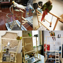 2X Parrots Playground,Natural Wooden Perch Gym Stand Parakeet Ladders with Feeder Cups