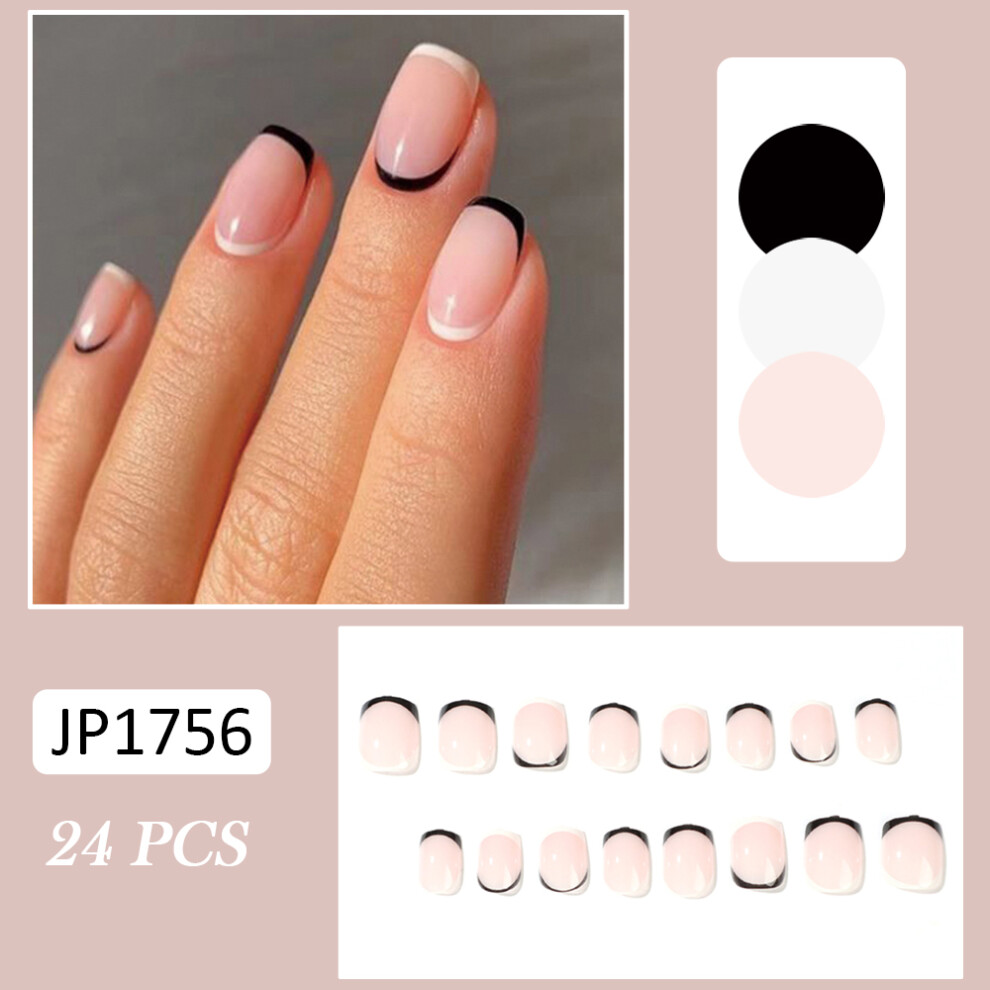 Phui-Pet-Supplies (Jelly Glue Model) 24Pcs Pink Transparent Fake Nails W/ Black White Edge
