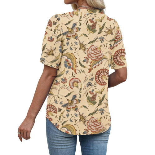 Women's  Short Sleeve Button-Down V-Neck Shirts-light khaki M 2