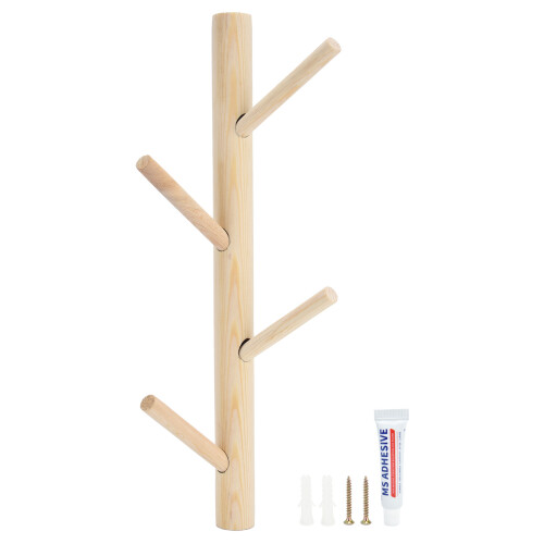 Wood Wall-Mounted Tree-Shaped Coat & Towel Rack, 4 Hooks 1