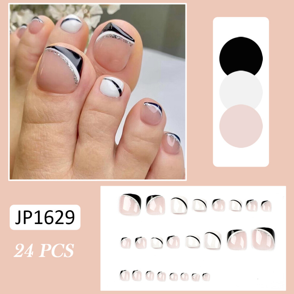 Roc-Electron (Jelly Glue Model) 24Pcs Glossy False Nails Black White Glitter
