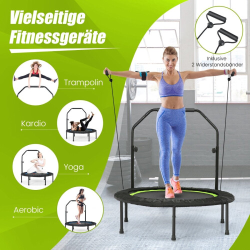 Ø101 cm mini trampoline with height-adjustable handle and 2 resistance bands green 1