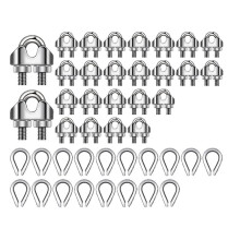 Kit de 50 Piezas de Cable de Acero de 1/8 de Pulgada Abrazadera de Cable de Cable de Metal M3 y Dedales de Acero Inoxidable M3 para Aparejo de Cable