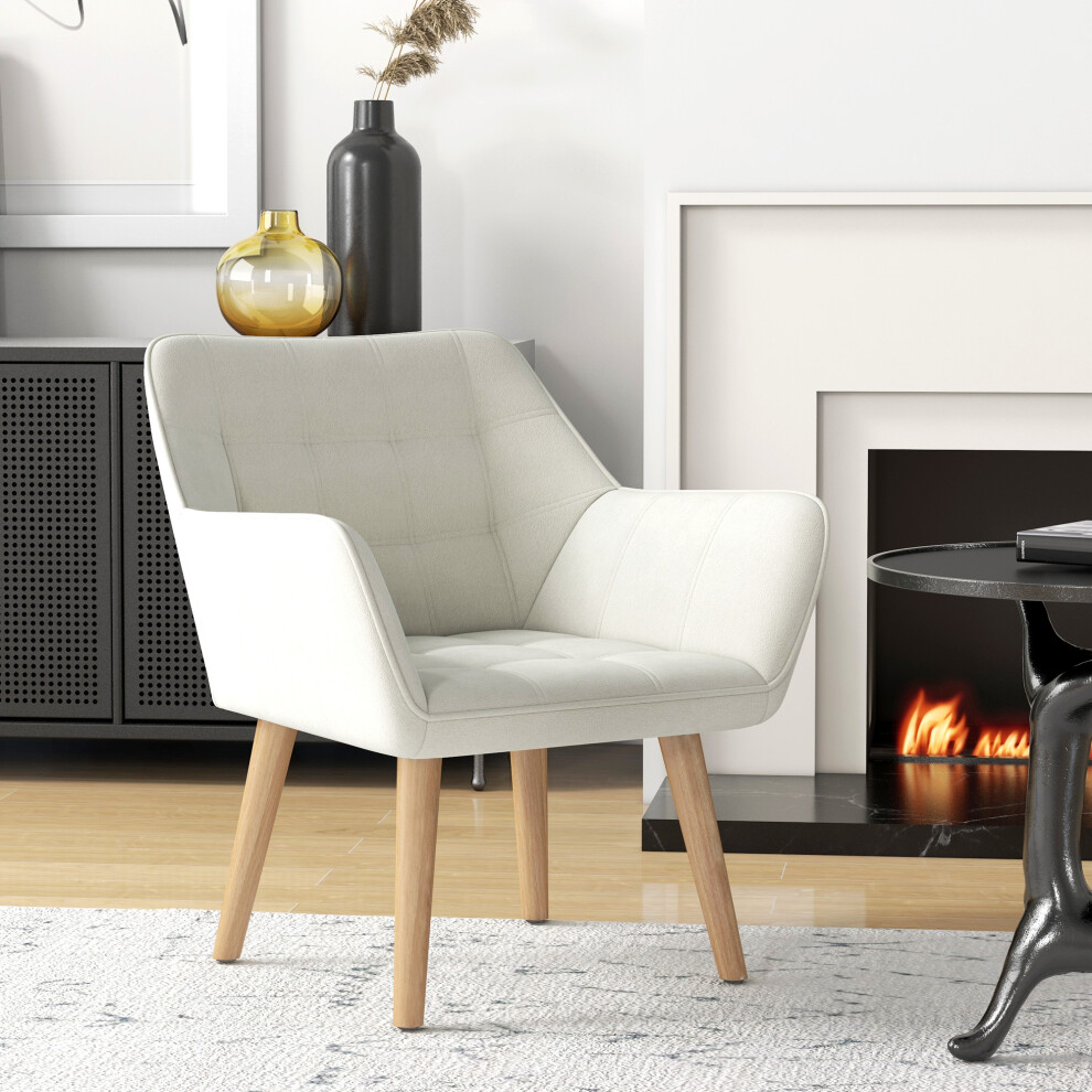 Homcom Velvet-Feel Accent Chair With Arms Slanted Back Wood Legs Cream White