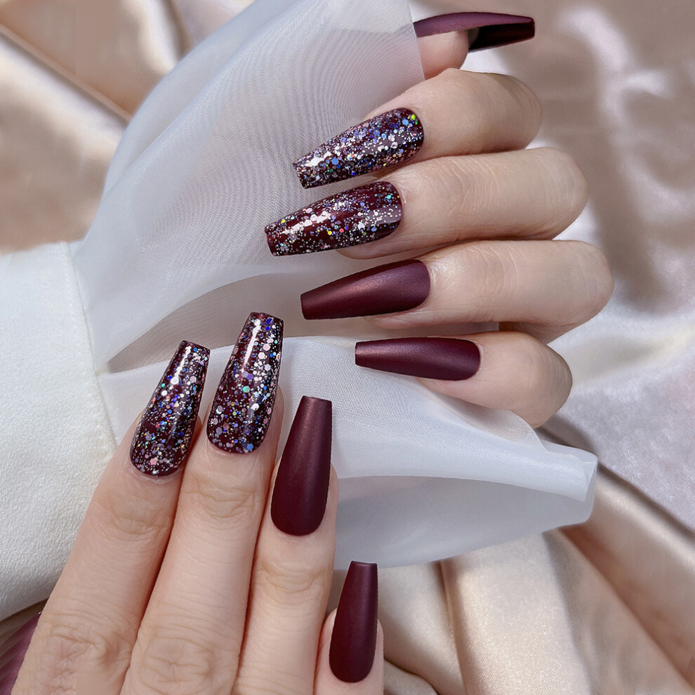 Roc-Electron 24Pcs Glitter Wine Red Fake Nails For Women