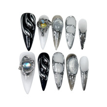 (Long Pointed, XS) Creative Embossed Press On Nails - Reusable