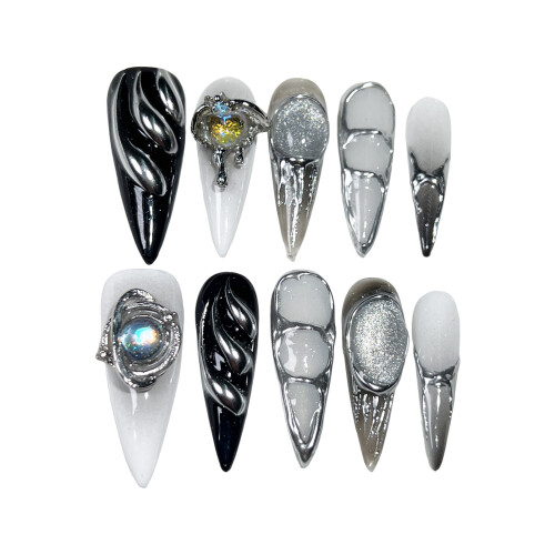 (Long Pointed, XS) Creative Embossed Press On Nails - Reusable
