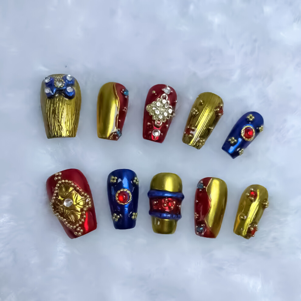 Bright-Home (Xs) Gold Red False Nails With Rhinestone Lightweight And Easy To Stick Fake Nail For Shopping Traveling Dating
