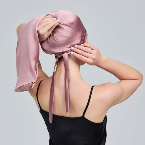 Adjustable Long Silk Sleep Cap Pink 1