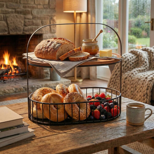 2 Tier Bread Basket Countertop Storage Rack Durable Steel 1
