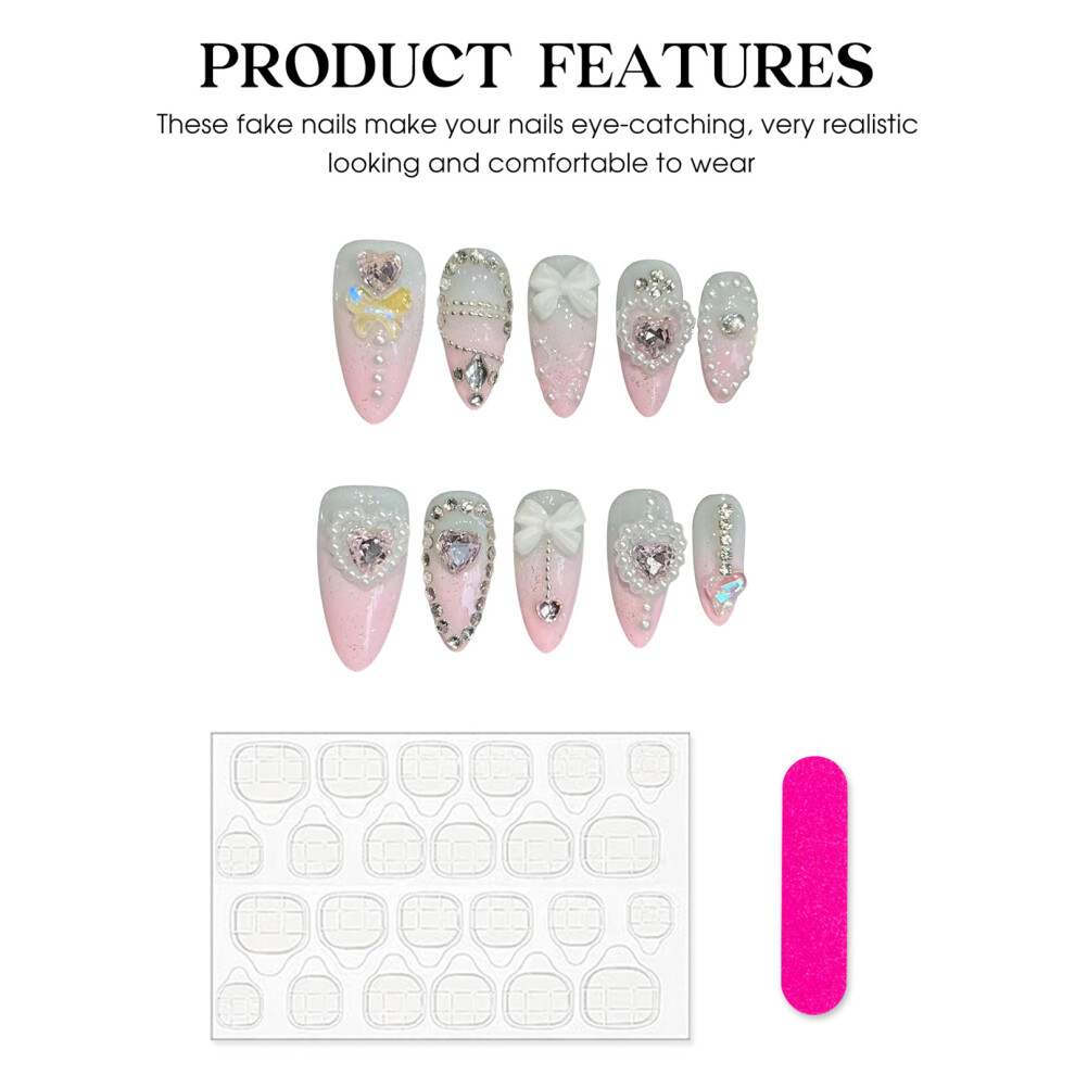 Roc-Electron (A, Xs) Rhinestone Heart False Nails 10Pcs Almond Shape