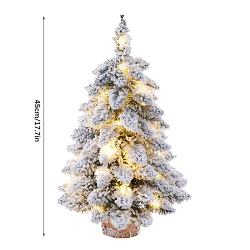 2X Árvore de Natal de Mesa Flocando Neve Árvore de Natal Artificial  Árvore de Natal com Lâmpada e Base de Madeira 2