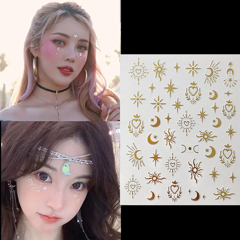 Roc-Electron (089) Metallic Face Tattoo Stickers - Star Moon Sun