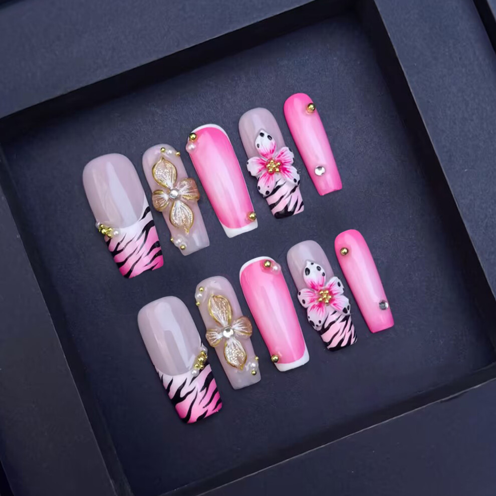 Roc-Electron (L) 3D Flower Pink False Nails - 10Pcs Reusable